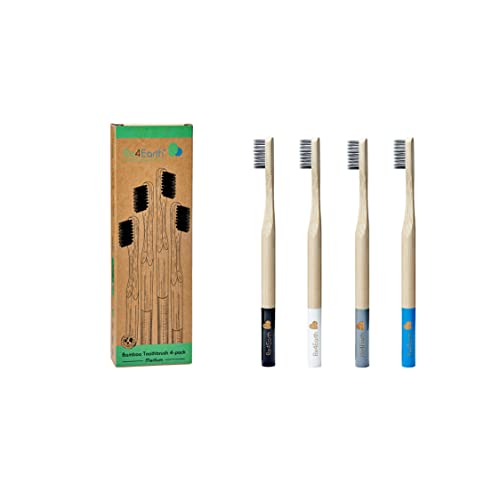 Bambu tandborstar från Re4Earth – 4-pack miljövänliga, naturliga bambutandborstar – BPA-fria, medelhårda aktiva kolborst – biologiskt nedbrytbara, komposterbara, återvinningsbara