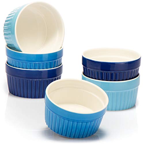 COM-FOUR® 6x Ceramik ramekins för matlagning - Ugnssäkra souffléfat - Creme brulee keramiska skålar 200 ml - Ramekins i olika blå nyanser