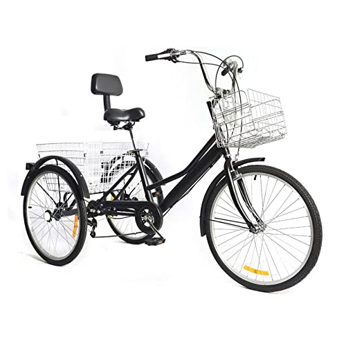 KOLHGNSE Trehjuling för vuxna, 24 tums cykel 3-hjuls trehjuling cykel 7-växlad med inköpskorg för vuxna, seniorer, kvinnor (två korgar)
