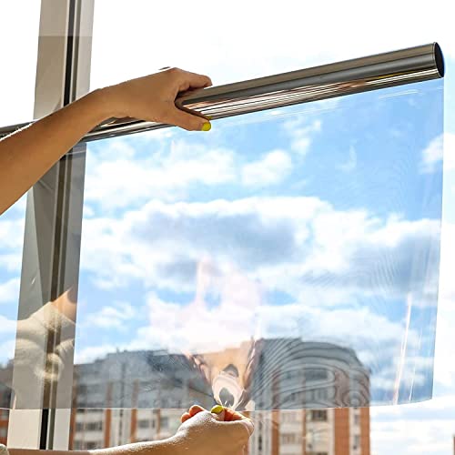 Syshwden Fönsterfilm solskyddsfolie självhäftande spegelfilm värmeisolering insynsskydd UV-skydd värmeskyddsfolie lämnar inga rester för hem och kontor (silver, 90 x 400 cm)
